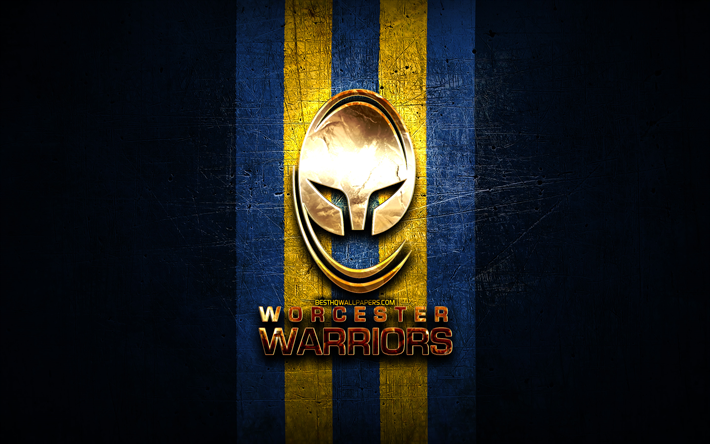 Worcester Warriors, logotipo dorado, Rugby Premiership, fondo de metal azul, club de rugby ingl&#233;s, logotipo de Worcester Warriors, rugby
