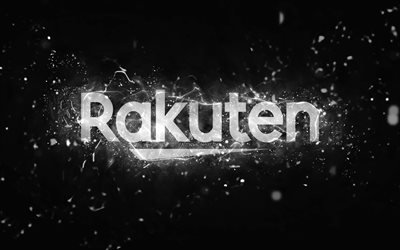 Rakuten white logo, 4k, white neon lights, creative, black abstract background, Rakuten logo, brands, Rakuten