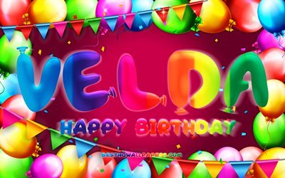 Happy Birthday Velda, 4k, colorful balloon frame, Velda name, purple background, Velda Happy Birthday, Velda Birthday, popular german female names, Birthday concept, Velda