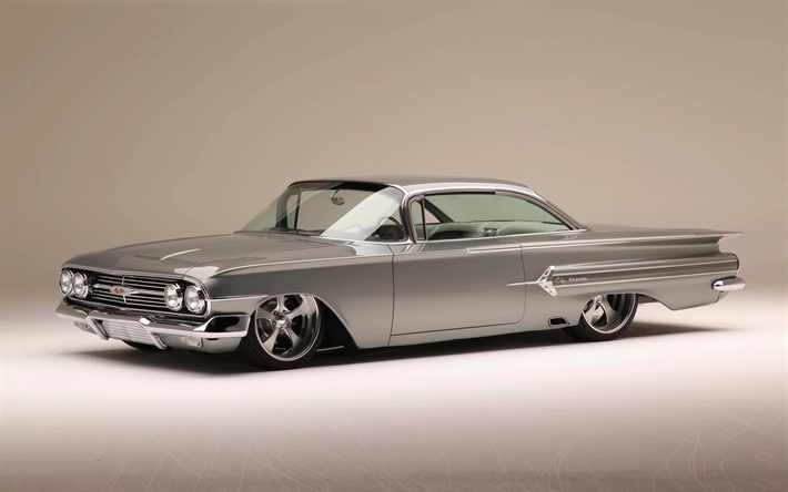 1960, Chevrolet Impala, etun&#228;kym&#228;, ulkoa, hopeaimpala, 1960 Impala tuning, vintage-autot, Chevrolet