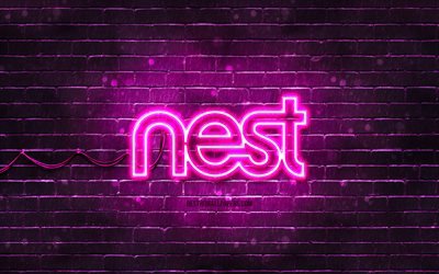 Google Nest purple logo, 4k, purple brickwall, Google Nest logo, brands, Google Nest neon logo, Google Nest