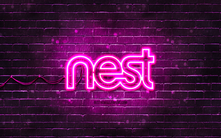Logotipo roxo do Google Nest, 4k, brickwall roxo, Google Nest logo, marca, Google Nest neon logo, Google Nest