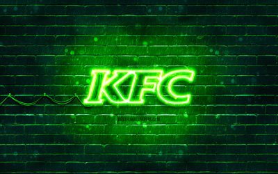 KFC green logo, 4k, green brickwall, KFC logo, brands, KFC neon logo, KFC