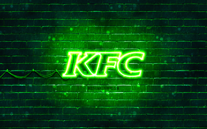 Logo verde di KFC, 4k, brickwall verde, logo di KFC, marche, logo al neon di KFC, KFC