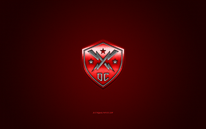 DC Defenders, American football club, XFL, logotipo vermelho, fundo vermelho da fibra do carbono, Futebol americano, Feira, AMERICA, DC Defenders logo