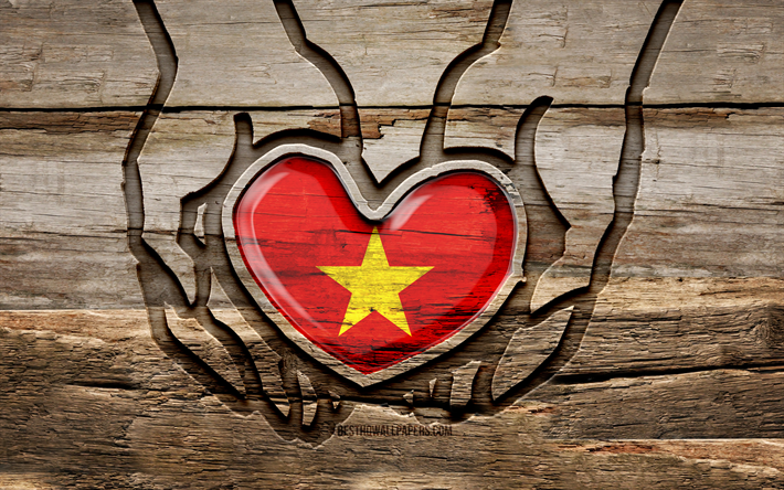 Eu amo o Vietn&#227;, 4K, m&#227;os de escultura em madeira, Dia do Vietn&#227;, Bandeira Vietnamita, Bandeira do Vietn&#227;, Tome cuidado Vietn&#227;, criativo, Bandeira do Vietn&#227; na m&#227;o, escultura em madeira, Asia, Vietname