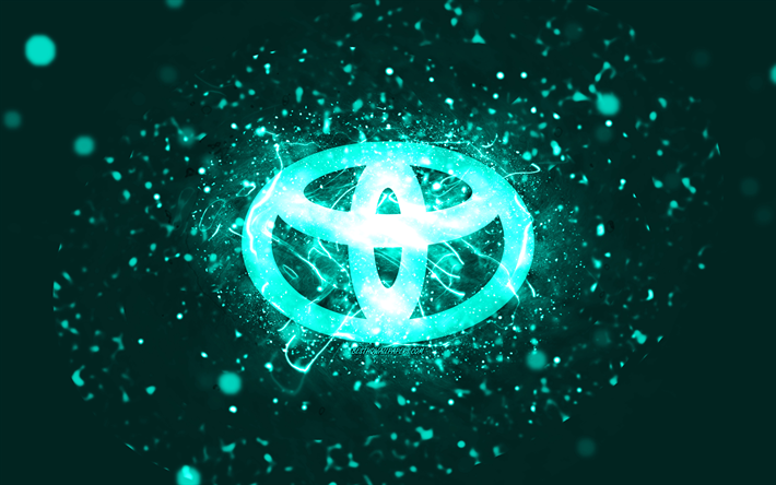 Toyota turquoise logo, 4k, turquoise neon lights, creative, turquoise abstract background, Toyota logo, cars brands, Toyota