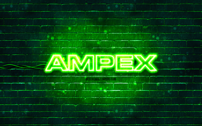 Ampex green logo, 4k, green brickwall, Ampex logo, brands, Ampex neon logo, Ampex