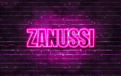 logotipo roxo zanussi, 4k, parede de tijolos roxos, logotipo zanussi, marcas, logotipo neon zanussi, zanussi