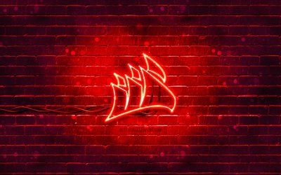 corsair punainen logo, 4k, punainen tiilisein&#228;, corsair-logo, tuotemerkit, corsair neon -logo, corsair