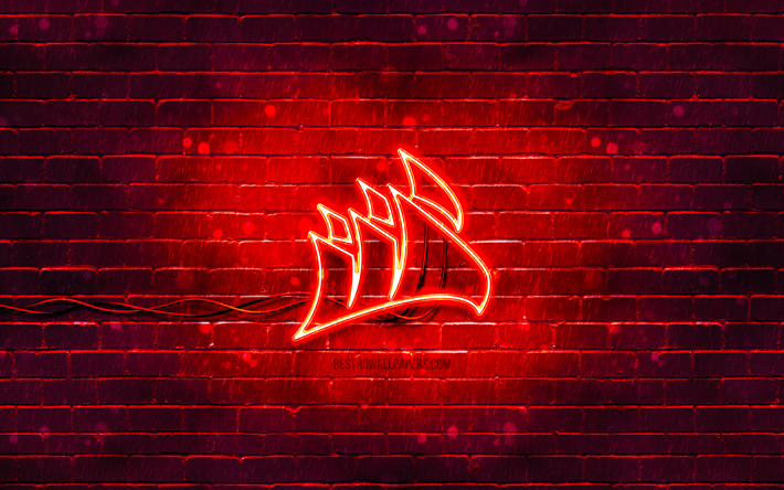 corsair kırmızı logo, 4k, kırmızı tuğla duvar, corsair logosu, markalar, corsair neon logosu, corsair
