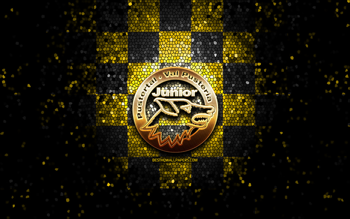HC Pustertal, glitter logo, ICE Hockey League, yellow black checkered background, hockey, austrian hockey team, HC Pustertal logo, mosaic art