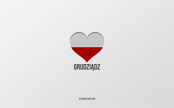i love grudziadz, villes polonaises, journ&#233;e de grudziadz, fond gris, grudziadz, pologne, cœur du drapeau polonais, villes pr&#233;f&#233;r&#233;es, love grudziadz