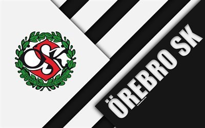 orebro sk, 4k, logo, material, design, schwedische fu&#223;ball-club, wei&#223;-schwarz abstraktion, allsvenskan, orebro, schweden, fu&#223;ball, fc orebro