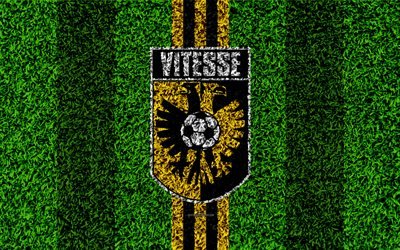 SBV Vitesse, 4k, emblem, football lawn, Dutch football club, logo, texoutra grass, Eredivisie, black yellow lines, Arnhem, Netherlands, football, Vitesse FC