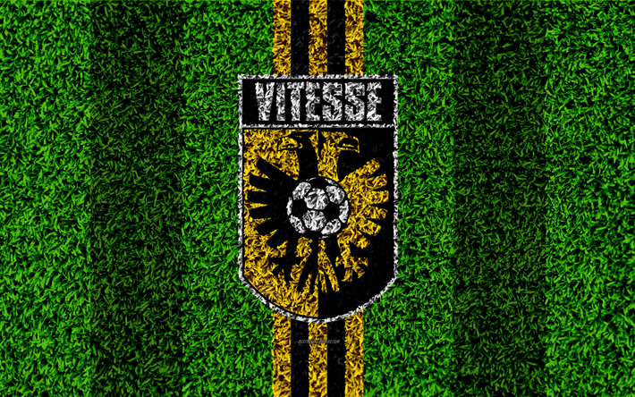SBV Vitesse, 4k, emblema, futebol gramado, Holand&#234;s futebol clube, logo, texoutra grass, Campeonato holand&#234;s, preto amarelo linhas, Arnhem, Pa&#237;ses baixos, futebol, Vitesse FC