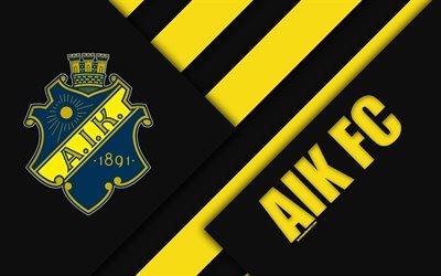 AIK FC, 4k, logo, design de material, Clube de futebol sueco, amarelo preto abstra&#231;&#227;o, Allsvenskan, Estocolmo, Su&#233;cia, futebol, AIK Solna FC