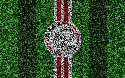 Ajax FC, 4k, tunnus, jalkapallo nurmikko, Hollantilainen jalkapalloseura, Ajax-logo, ruohon rakenne, Eredivisie, valkoinen punainen linjat, Amsterdam, Alankomaat, jalkapallo