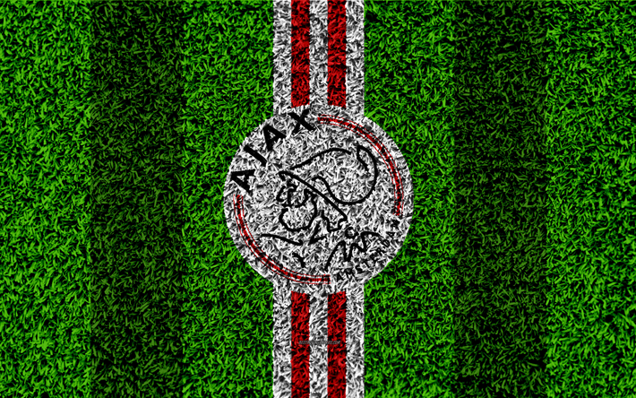 اياكس FC, 4k, شعار, كرة القدم العشب, الهولندي لكرة القدم, اياكس شعار, العشب الملمس, الدوري الهولندي, الأبيض الخطوط الحمراء, أمستردام, هولندا, كرة القدم
