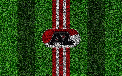 AZ Alkmaar, 4k, emblem, football lawn, Dutch football club, logo, grass texture, Eredivisie, white red lines, Alkmaar, Netherlands, football, Alkmaar Zaanstreek