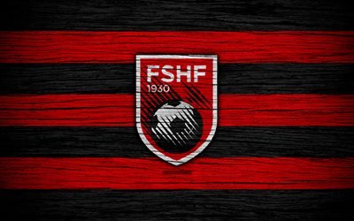 4k, Albania national football team, logo, Europe, football, wooden texture, soccer, Albania, European national football teams, Albanian Football Federation