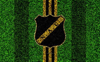 NAC Breda, 4k, emblem, football lawn, Dutch football club, logo, grass texture, Eredivisie, yellow line black lines, Breda, Netherlands, football, Breda FC