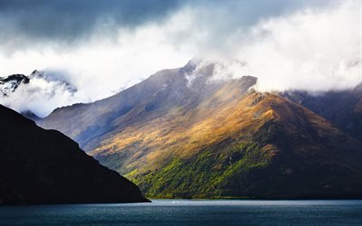 4k, el Lago Wakatipu, monta&#241;as, verano, Isla Sur, Nueva Zelanda