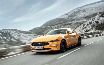 4k, Ford Mustang GT, estrada, 2018 carros, amarelo, Mustang, supercarros, Ford