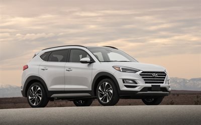 Hyundai Tucson, 2019, 4k, front view, exterior, new white Tucson, crossover, Hyundai
