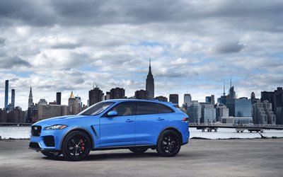 Jaguar F-Pace, 4k, side view, 2018 cars, New York, blue F-Pace, Jaguar