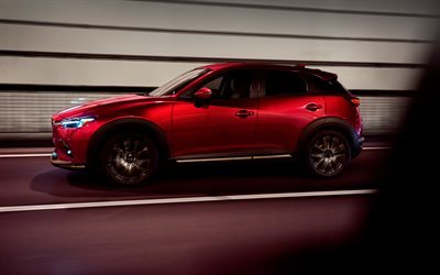 Mazda CX-3, 2019, 4k, side view, exterior, new red CX-3, Japanese cars, compact crossovers, Mazda