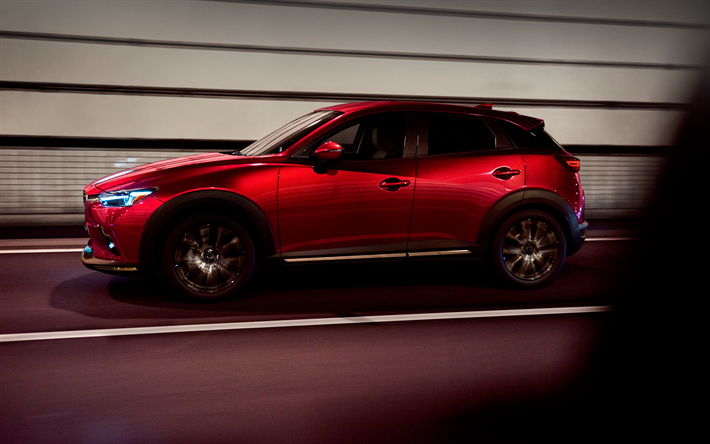 Mazda CX-3, 2019, 4k, vista laterale, esteriore, nuovo rosso CX-3, auto Giapponesi, la compatta crossover, Mazda