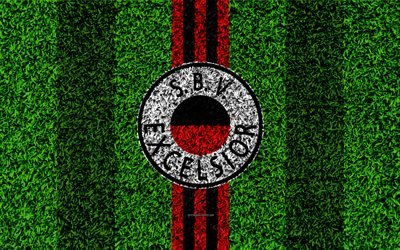 Excelsior FC, 4k, tunnus, jalkapallo nurmikko, Hollantilainen jalkapalloseura, logo, ruohon rakenne, Eredivisie, punainen musta linjat, Rotterdam, Alankomaat, jalkapallo, SBV Excelsior