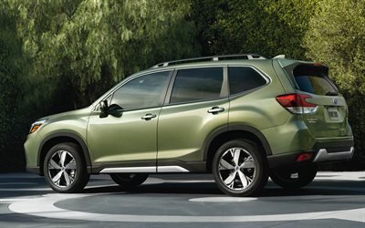 Subaru Forester, 2019, all-wheel drive crossover, side view, exterior, new green Forester, Japanese cars, Subaru