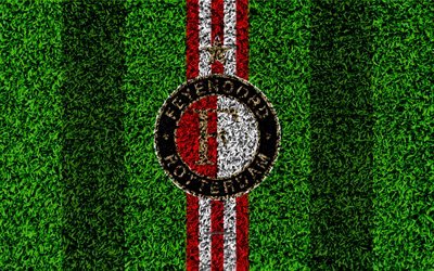 Feyenoord FC, 4k, embl&#232;me de, football de la pelouse, le club de foot n&#233;erlandais, le logo, la texture d&#39;herbe, Eredivisie, rouge blanc lignes, Rotterdam, pays-bas, le football, le Feyenoord Rotterdam
