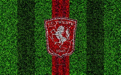 FC Twente, 4k, emblem, football lawn, Dutch football club, logo, grass texture, Eredivisie, red lines, Enschede, Netherlands, football