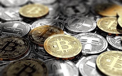 Bitcoin, Tether, tecken p&#229; crypto valutor, guld mynt, silver-mynt, elektroniska pengar, finansiering begrepp, f&#246;retag, crypto valuta