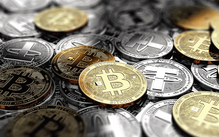 Bitcoin, el Amarre, los signos de cripto monedas, monedas de oro, monedas de plata, el dinero electr&#243;nico, las finanzas conceptos, los negocios, la cripto moneda