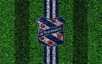 Heerenveen FC, 4k, embl&#232;me de, football de la pelouse, le club de foot n&#233;erlandais, le logo, la texture d&#39;herbe, Eredivisie, bleu, blanc, lignes, Heerenveen, pays-bas, le football, le SC Heerenveen