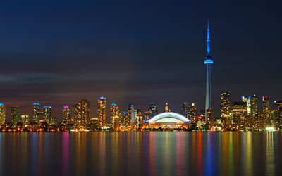Toronto, 4k, CN Tower, noturnas, panorama, arranha-c&#233;us, Canada