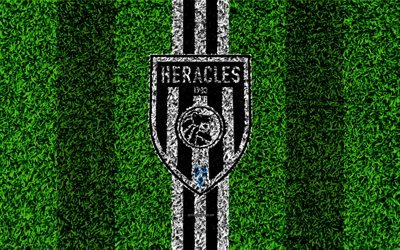 Heracles FC, 4k, emblem, football lawn, Dutch football club, logo, grass texture, Eredivisie, black and white lines, Almelo, Netherlands, football, Heracles Almelo