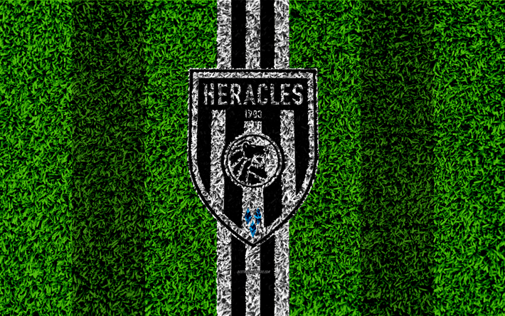 Heracles FC, 4k, emblem, football lawn, Dutch football club, logo, grass texture, Eredivisie, black and white lines, Almelo, Netherlands, football, Heracles Almelo