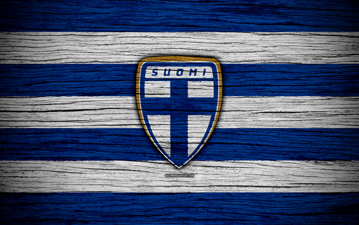 4k, Finland national football team, logo, Europe, football, wooden texture, soccer, Finland, European national football teams, Finnish Football Federation