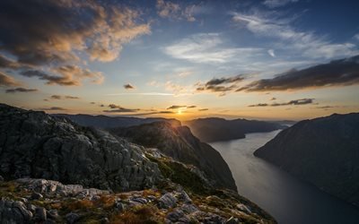 Rogaland, Dirdal, landscape, rocks, mountain landscape, sunset, Norway