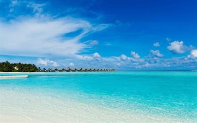 &#238;le tropicale de l&#39;oc&#233;an, bleu lagon, h&#244;tels, bungalows, 4k, l&#39;&#233;t&#233;, les voyages, la Huluwalu, Maldives