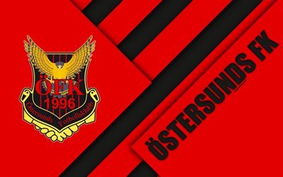 Ostersunds FK, 4k, logo, material design, Swedish football club, red black abstraction, Allsvenskan, Ostersund, Sweden, football, Ostersunds FC