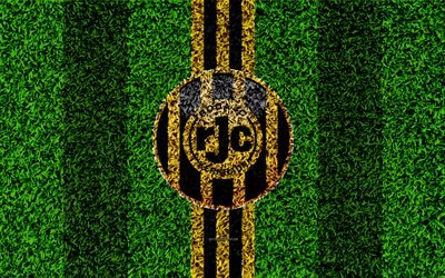 Roda JC Kerkrade, Roda FC, 4k, emblem, football lawn, Dutch football club, logo, grass texture, Eredivisie, black yellow lines, Kerkrade, Netherlands, football
