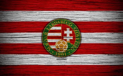 4k, Hungary national football team, logo, Europe, football, wooden texture, soccer, Hungary, European national football teams, Hungarian Football Federation