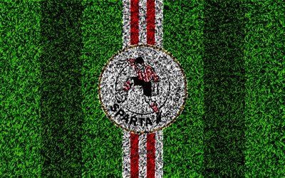 Sparta Rotterdam FC, 4k, embl&#232;me de, football de la pelouse, le club de foot n&#233;erlandais, le logo, la texture d&#39;herbe, Eredivisie, rouge blanc lignes, Rotterdam, pays-bas, le football