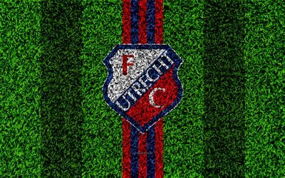 FC Utrecht, 4k, emblem, fotboll gr&#228;smatta, Holl&#228;ndsk fotboll club, logotyp, gr&#228;s konsistens, Eredivisie, r&#246;d bl&#229; linjer, Utrecht, Nederl&#228;nderna, fotboll